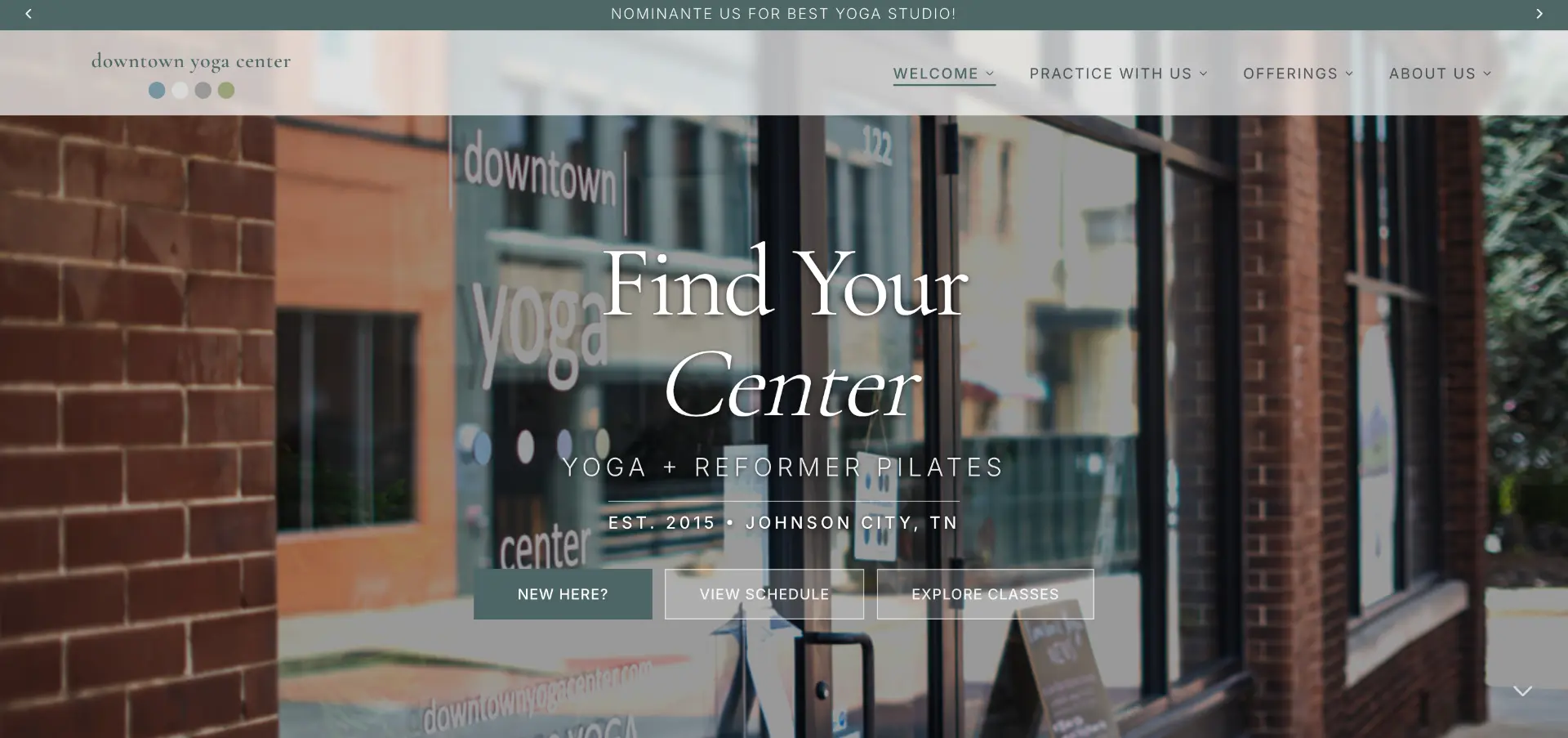Homepage of the Downtown Yoga Center website featuring the Find Your Center hero and class navigation