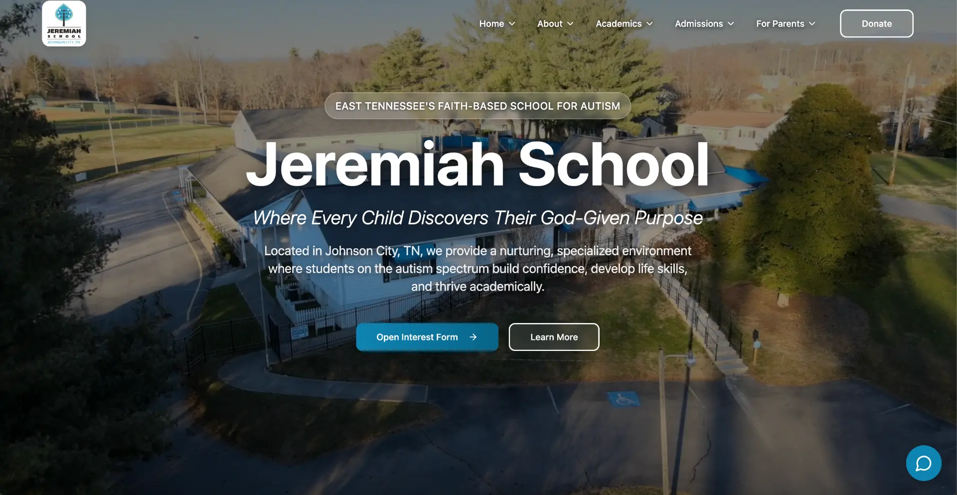 Homepage of The Jeremiah School website showing the hero section and donation call to action